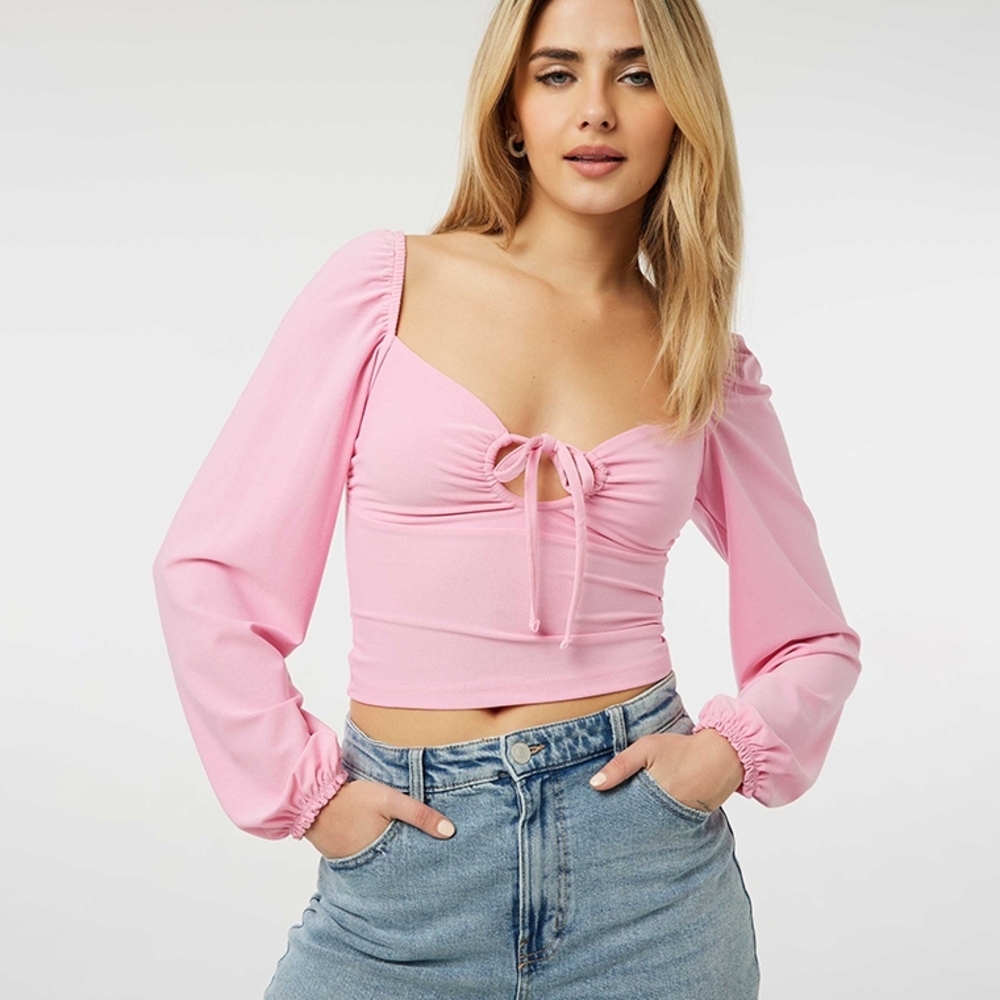 Ardene Pink Ruched Tie Front Long Sleeve Blouse